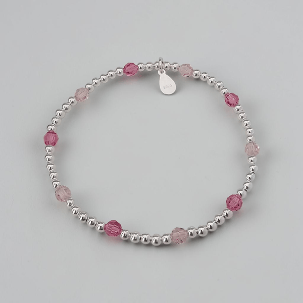 Sterling Silver and Pink Crystal Beaded Stretch Bracelet 