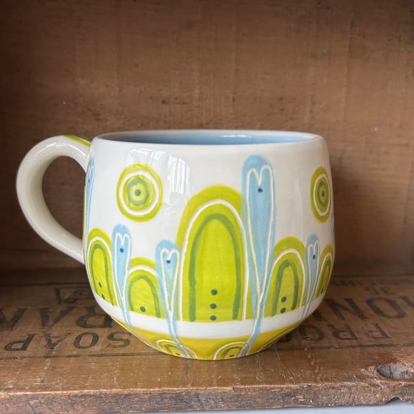 Ceramic hand thrown mug greens and blues