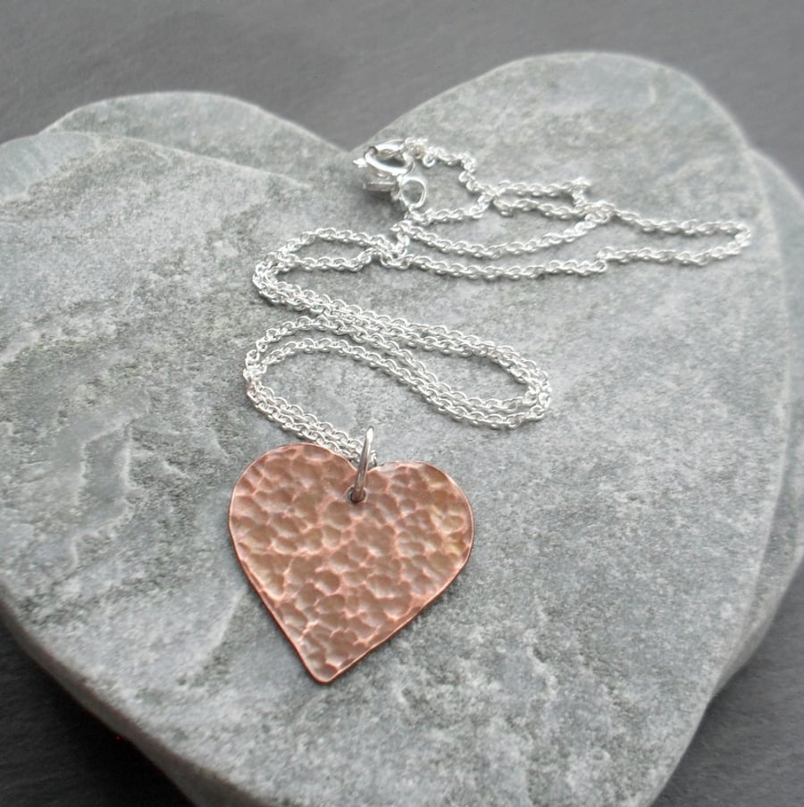 Textured Copper Heart Pendant With Sterling Silver Chain Vintage