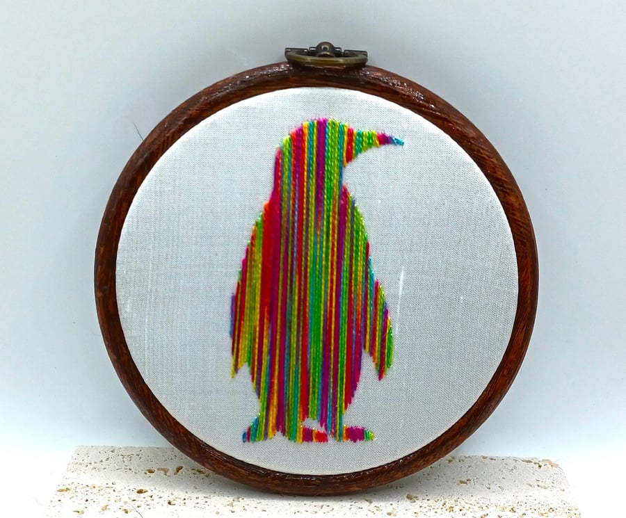 Rainbow Penguin Embroidery, Embroidery Hoop, Hand Embroidery, Modern Embroidery,