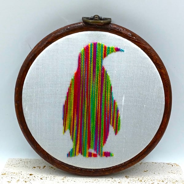 Rainbow Penguin Embroidery, Embroidery Hoop, Hand Embroidery, Modern Embroidery,