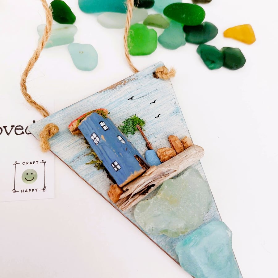 Driftwood Miniature Cottage with Sea Glass - Coastal Hanging Decoration