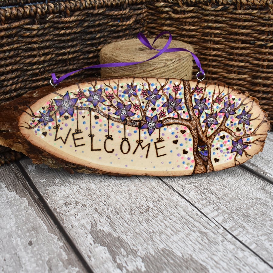 Pyrography welcome plaque. Blue lilac flower cherry tree with shy owl.