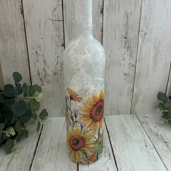 Decoupage Light Up Glass Bottle: Sunflowers, Home Decor, Bottle Light