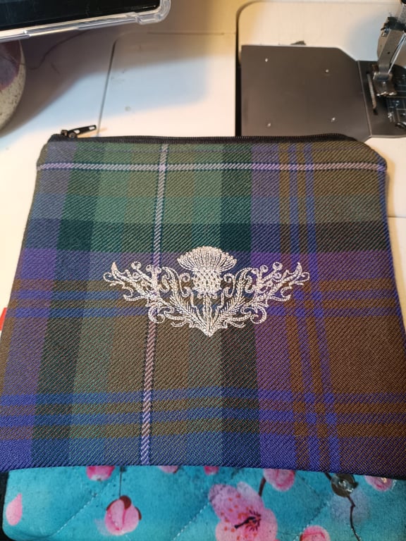 Isle of Skye tartan accessories case with embroidered thistle 