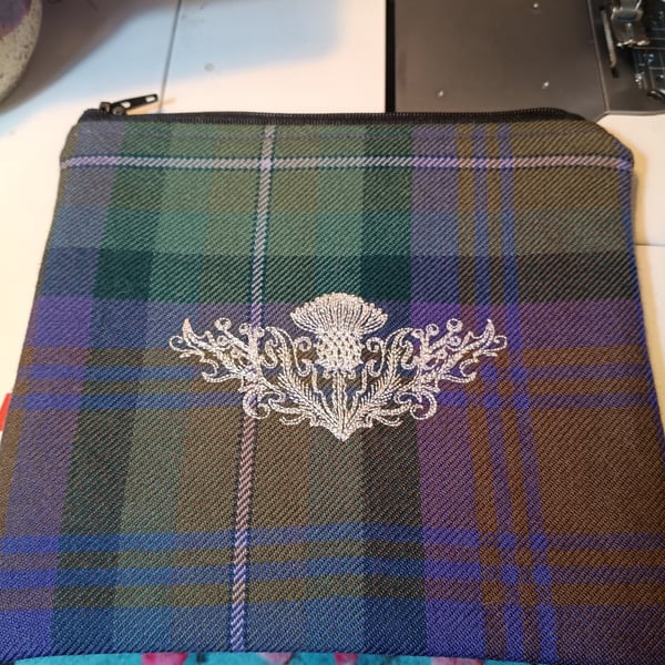 Isle of Skye tartan accessories case with embroidered thistle 