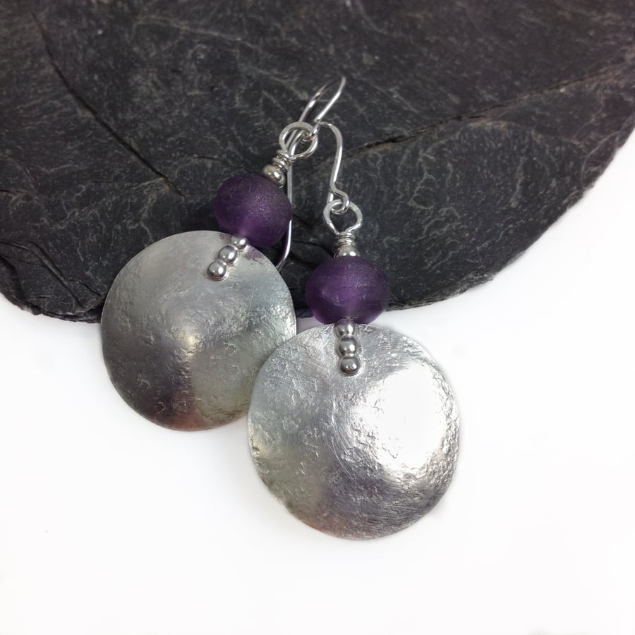 Large round silver and Frosted amethyst earrings 
