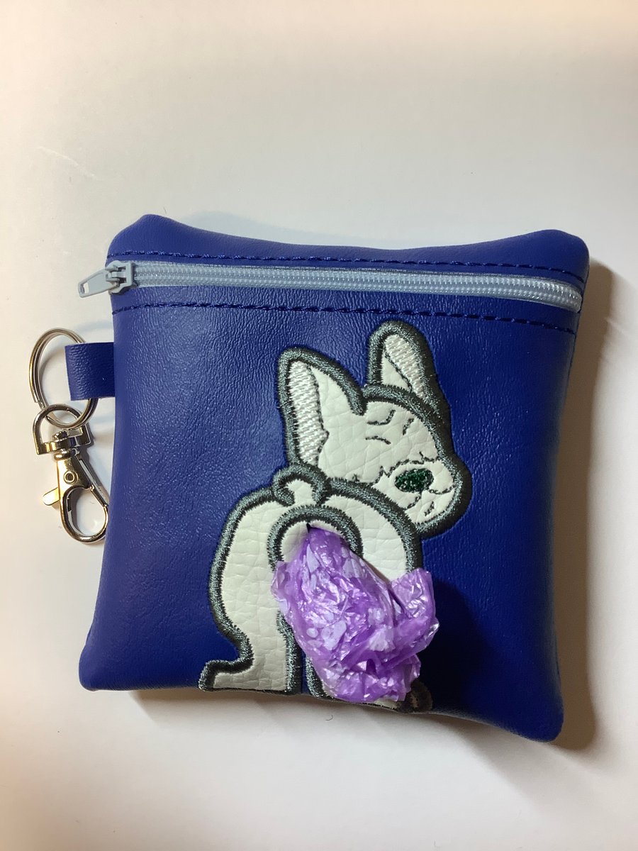 Adorable  Frenchie Embroidered Blue faux leather dog poo bag ,dog walking,