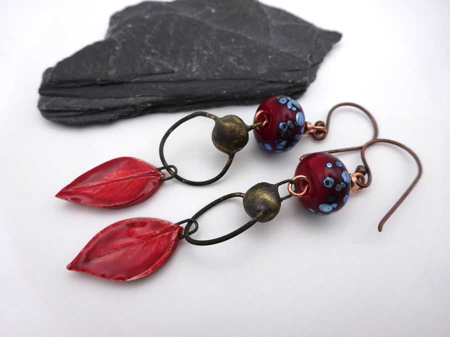 copper earrings, red lampwork glass and ceramic leaf