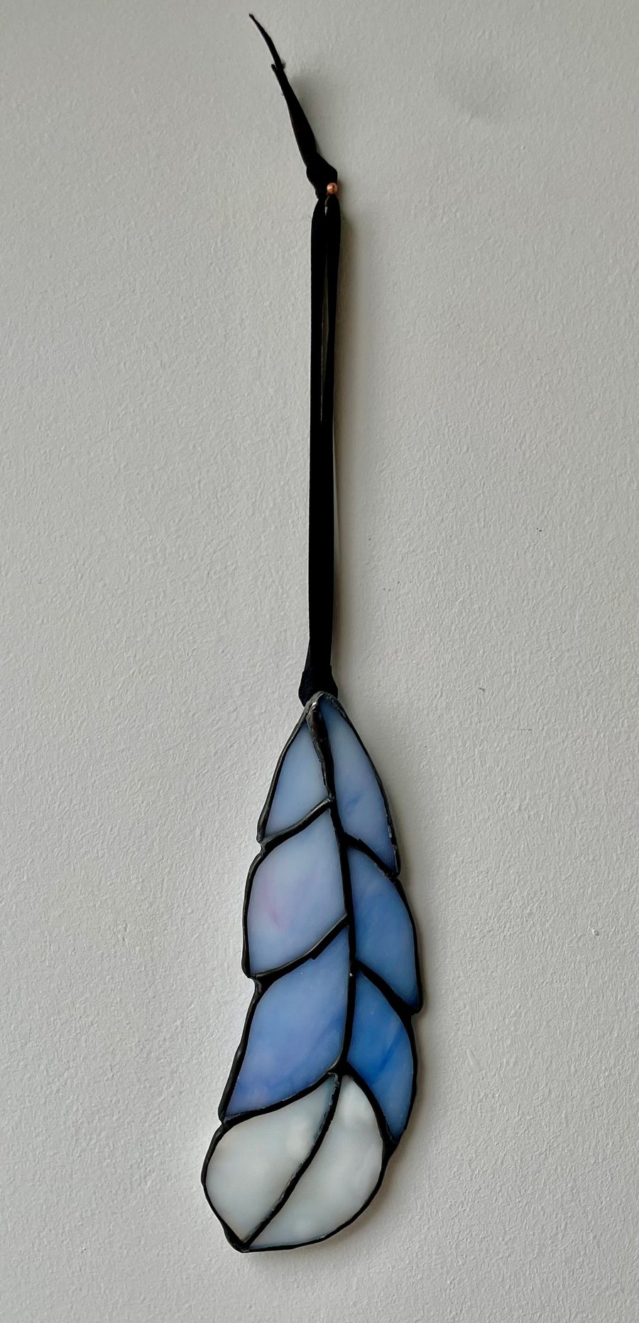 Handcrafted Stained glass Blue and White Feather