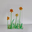Fused glass freestanding decorative panel, daffodils