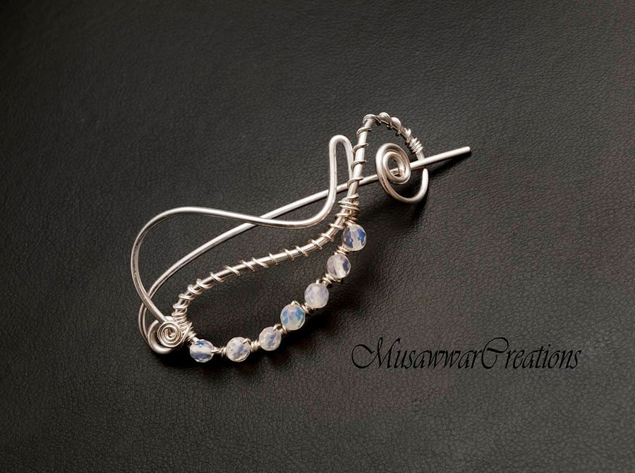 Opal moonstones shawl pin,silver wire scarf pin, sweater pin, swirl design shawl