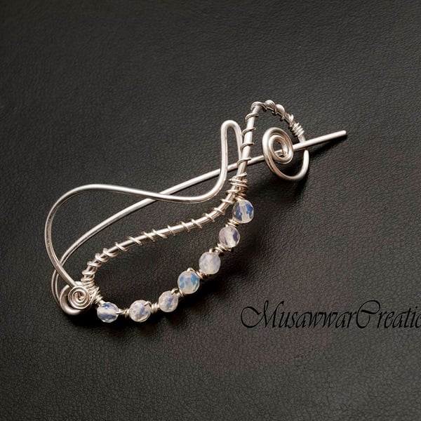 Opal moonstones shawl pin,silver wire scarf pin, sweater pin, swirl design shawl