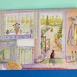 Cat in the doorway of country kitchen. Blank card.