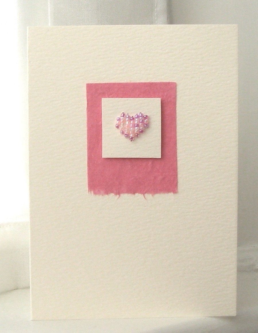 Beaded Heart handmade Card - pink