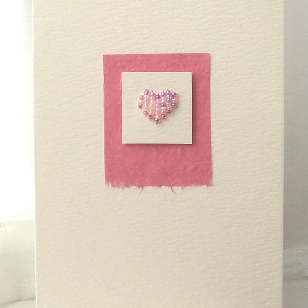 Beaded Heart handmade Card - pink
