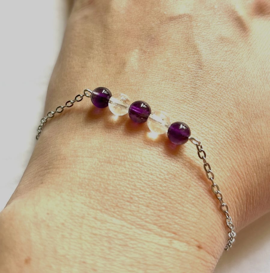 Amethyst and Clear Quartz bracelet with stainless steel - Birthstones - Health