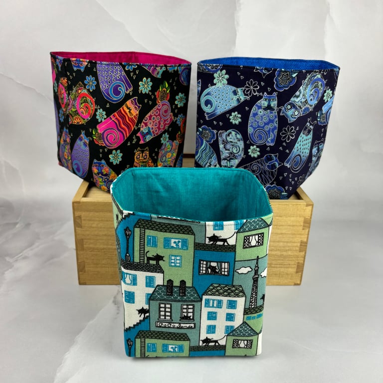 Cats fabric basket, Fabric storage bin, 3 pattern options, Handmade