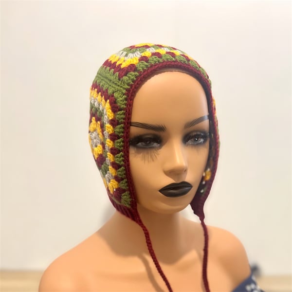 Handmade Crochet Bonnet – Multicolour Granny Square Festival Hat with Ties
