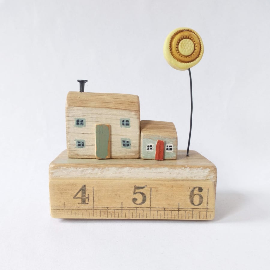 SALE-Little wooden houses with clay sunshine on a vintage ruler block
