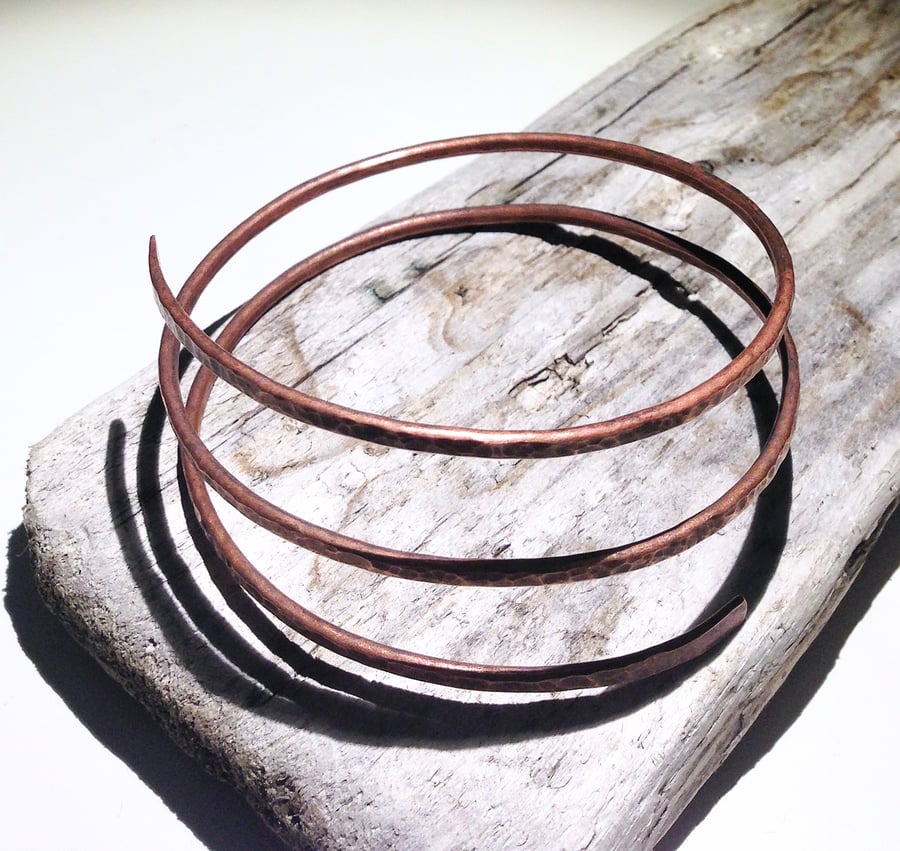 Hand Crafted Hammered Oxidised Copper Spiral Wrap Bangle - UK Free Post