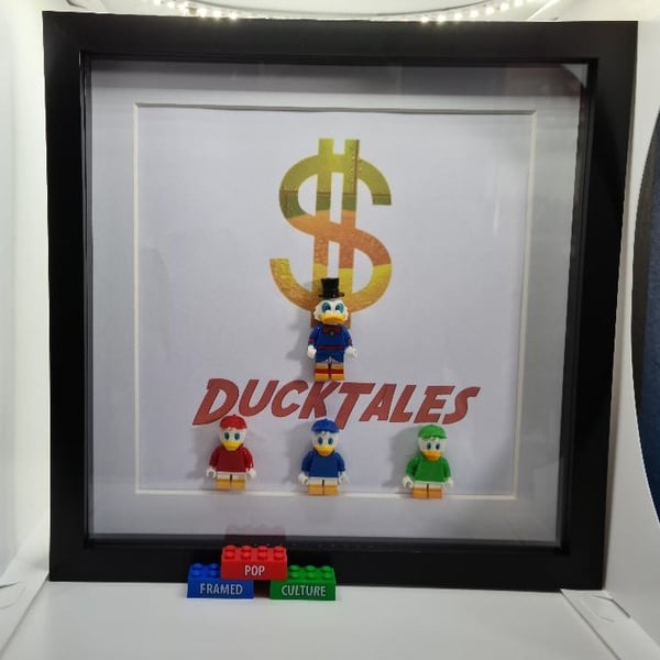 Ducktales framed custom Lego minifigures - Scrooge McDuck, Huey, Dewie & Louie