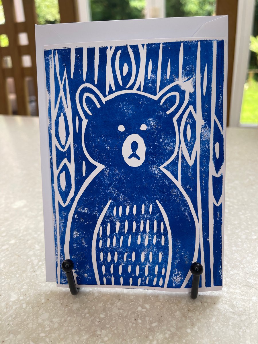 Bear in the woods, hand printed Lino cut greetings card