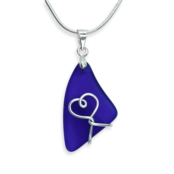 Sea Glass Pendant - Blue Beach Glass - Silver Handmade Heart Necklace Jewellery