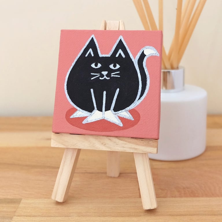 Black and White Cat Painting - mini canvas art with stylised feline