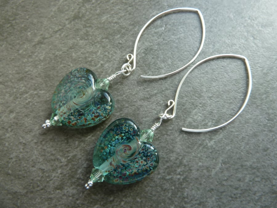 sterling silver, lampwork glass heart earrings