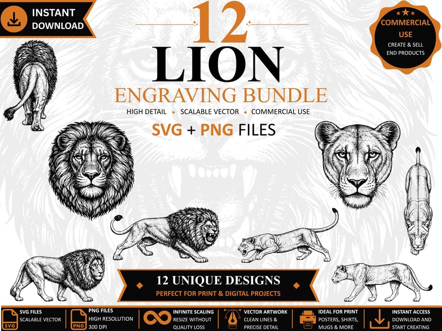 12 Vintage Lion Engraving SVGs Wildlife Clipart Bundle (Digital Download)