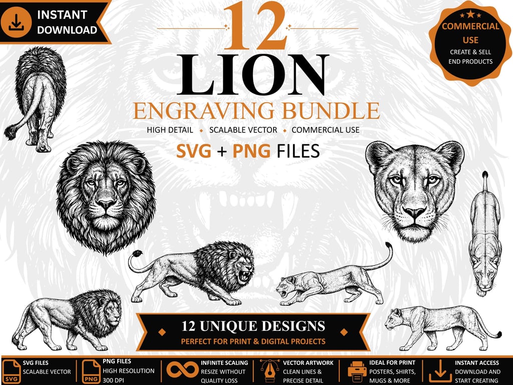 12 Vintage Lion Engraving SVGs Wildlife Clipart Bundle (Digital Download)