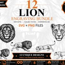 12 Vintage Lion Engraving SVGs Wildlife Clipart Bundle (Digital Download)