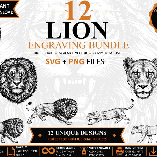 12 Vintage Lion Engraving SVGs Wildlife Clipart Bundle (Digital Download)