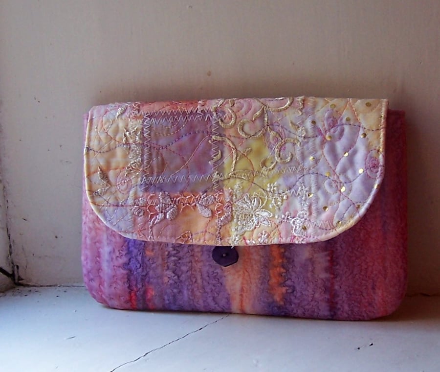 Textile art clutch bag in lilac and pink