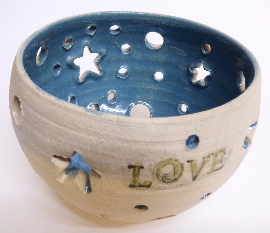 Love t light Holder or planter, turquoise.