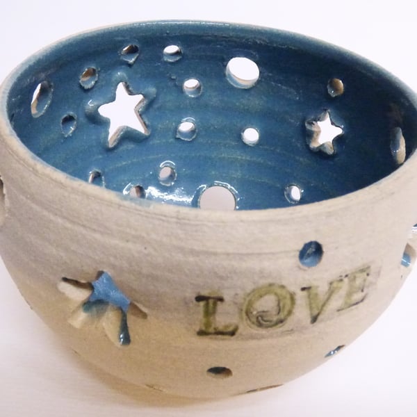 Love t light Holder or planter, turquoise.