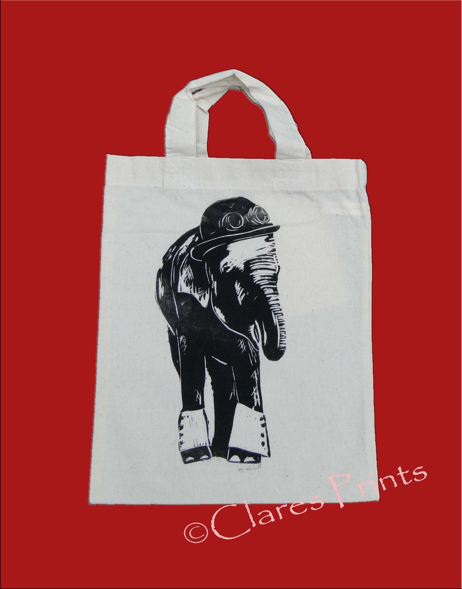 Steampunk Elephant Tote Hand Printed Cream Mini Tote Shopping Bag
