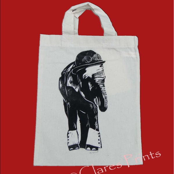 Steampunk Elephant Tote Hand Printed Cream Mini Tote Shopping Bag