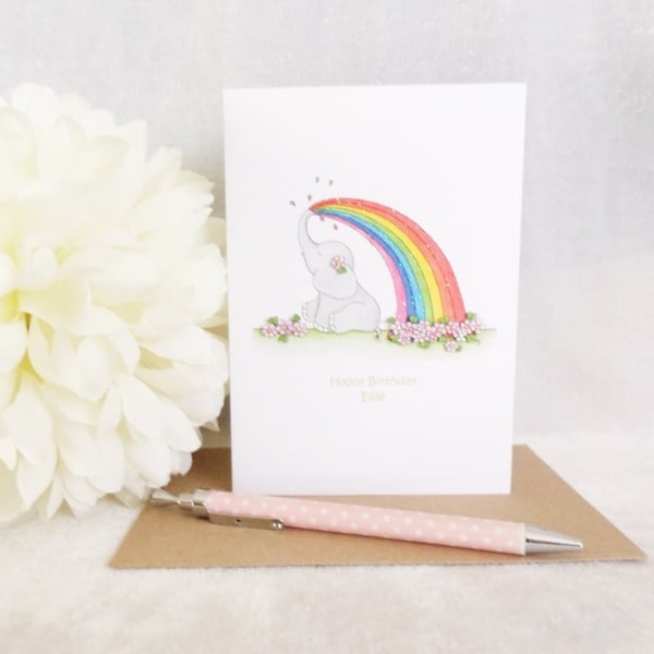 Rainbow 'Ellie' Elephant Birthday Card - Personalised 