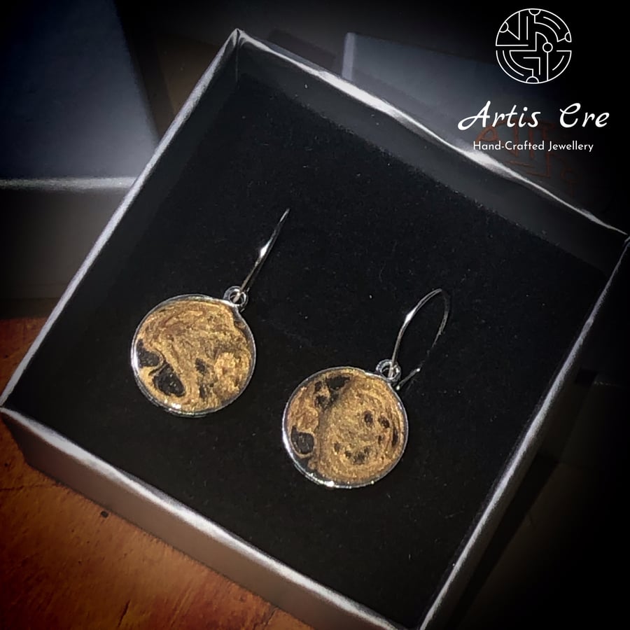 Hand painted mini disc earrings gold charcoal on sterling silver hooks
