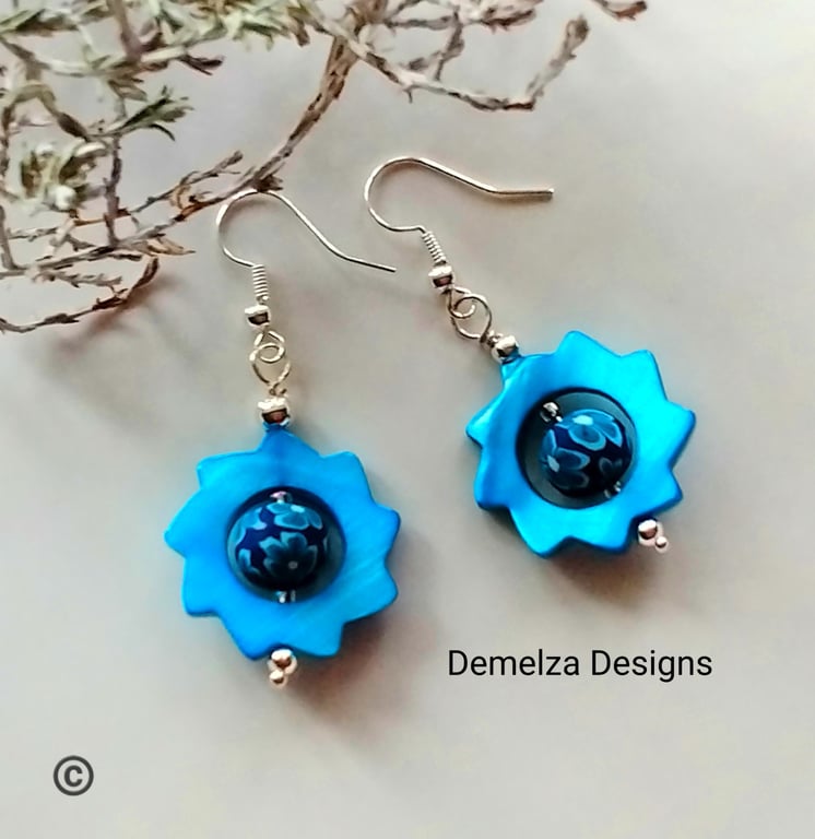 Mother of Pearl & Polymer Clay Earrings  Silver Plate