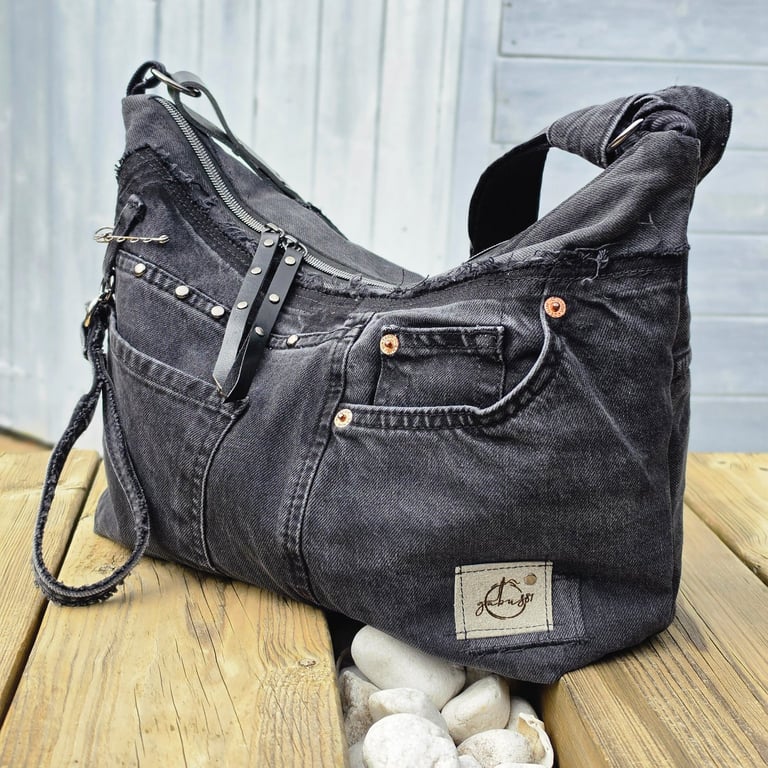 Black Denim Shoulder Bag with Zip and Pockets