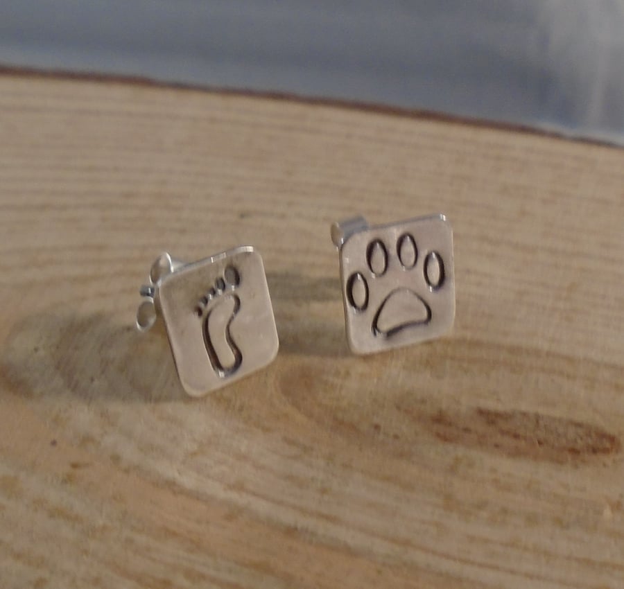 Sterling Silver Stamped Foot and Paw Print Stud Earrings