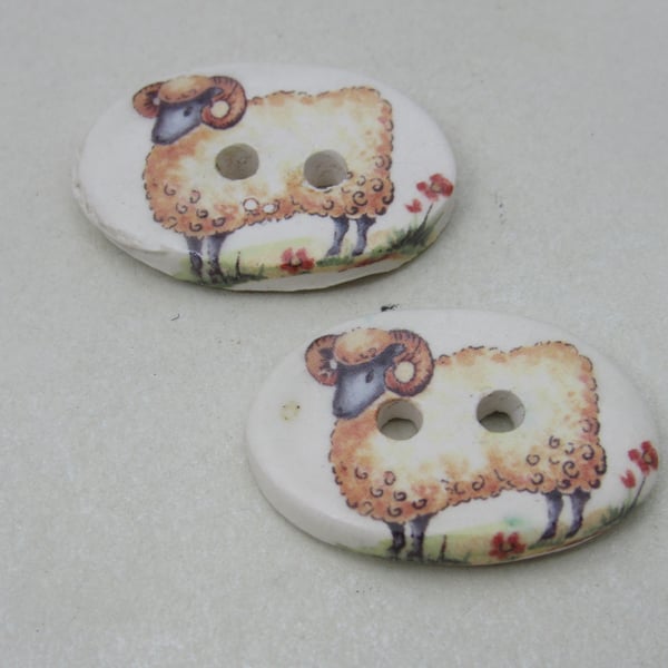 2 Sheep Motif Oval Ceramic Buttons