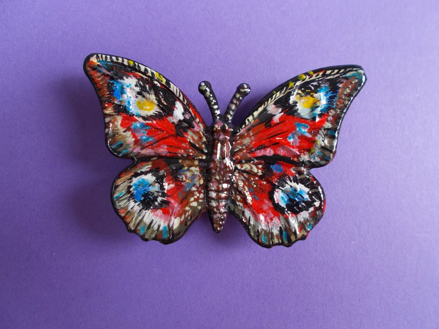 Hand Painted RED PEACOCK BUTTERFLY BROOCH : Red Butterfly Corsage Lapel Pin 