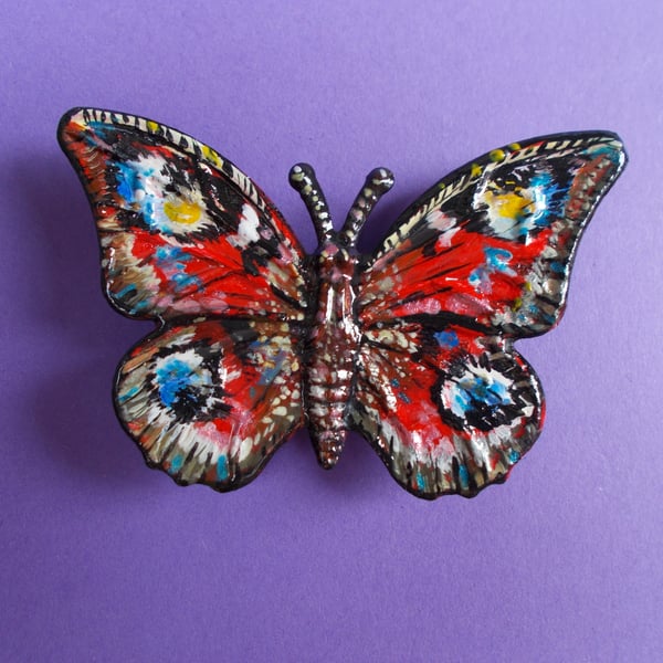 Hand Painted RED PEACOCK BUTTERFLY BROOCH : Red Butterfly Corsage Lapel Pin 