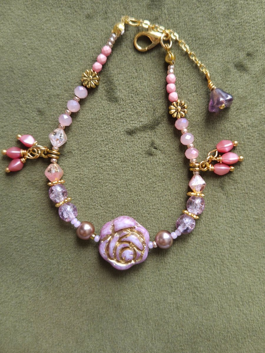 Rose Charm Charm Bracelet with Gold Chain – Natural Gemstone & Czech Glass 