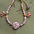 Rose Charm Charm Bracelet with Gold Chain – Natural Gemstone & Czech Glass 