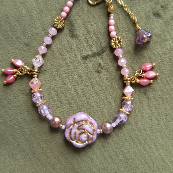 Rose Charm Charm Bracelet with Gold Chain – Natural Gemstone & Czech Glass 